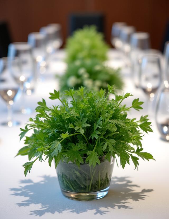 Evento corporativo con centro de mesa de hierbas frescas