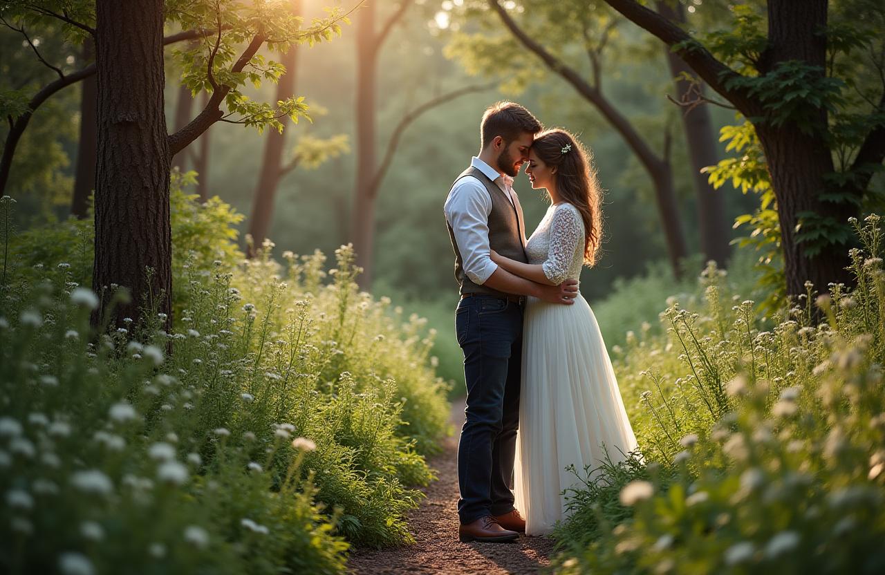 Pareja en elopement rodeada de naturaleza y hierbas aromáticas