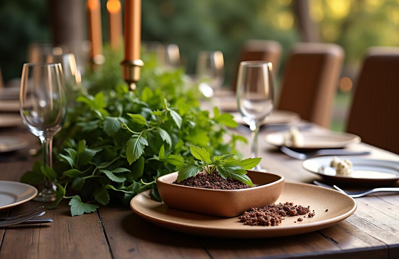 Mesa elegante decorada con hierbas frescas y especias