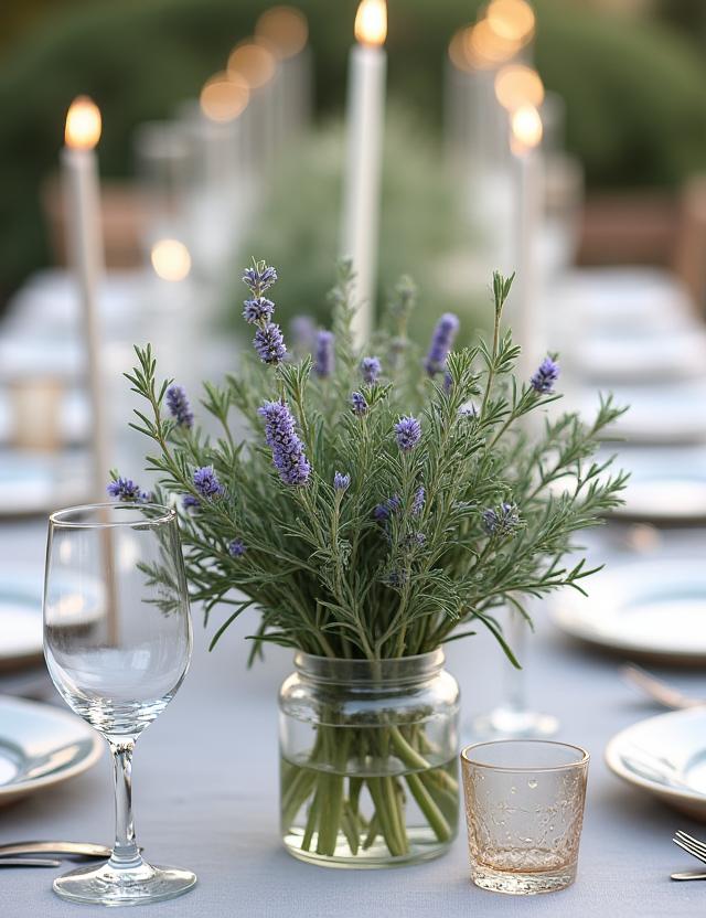 Mesa de boda decorada con romero y lavanda
